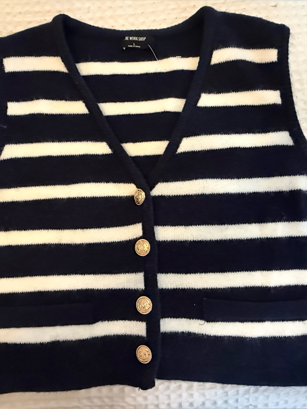 Striped Cropped Navy and White Button-Front Sweater Vest